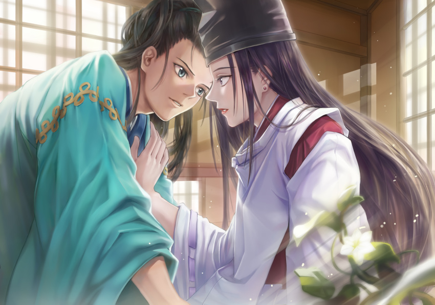 2boys antatika bishounen black_hair blue_eyes earrings eye_contact face-to-face flower fujiwara_no_sai hair_pulled_back hand_on_another's_shoulder hand_up haori hat high_ponytail highres hikaru_no_go honninbou_shuusaku imminent_kiss indoors japanese_clothes jewelry kariginu kimono light_particles lips long_hair looking_at_another male_focus multiple_boys parted_lips ponytail profile purple_eyes purple_hair real_life_insert ribbon-trimmed_sleeves ribbon_trim stud_earrings sunlight tate_eboshi wide_sleeves window_shade yaoi