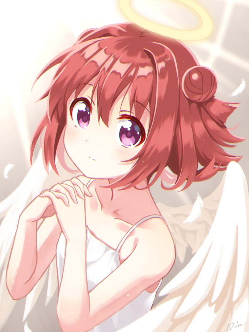 1girl absurdres akaza_akari angel angel_wings bangs bare_shoulders blush camisole closed_mouth collarbone commentary_request double_bun eyebrows_visible_through_hair feathered_wings feathers flat_chest floating_hair from_side glowing halo hands_clasped highres light_smile looking_to_the_side own_hands_together purple_eyes red_hair solo spaghetti_strap upper_body usagi_koushaku white_camisole white_wings wings yuru_yuri