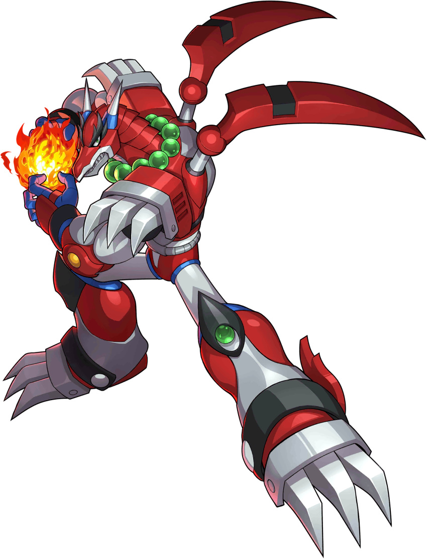 1boy android bead_necklace beads boss claws dragon dragon_horns fire gem gloves green_eyes hadouken helmet highres horns jewelry magmard_dragoon male_focus mizuno_keisuke necklace official_art robot rockman rockman_x rockman_x4 rockman_x_dive sharp_teeth solo teeth thick_eyebrows third-party_source transparent_background