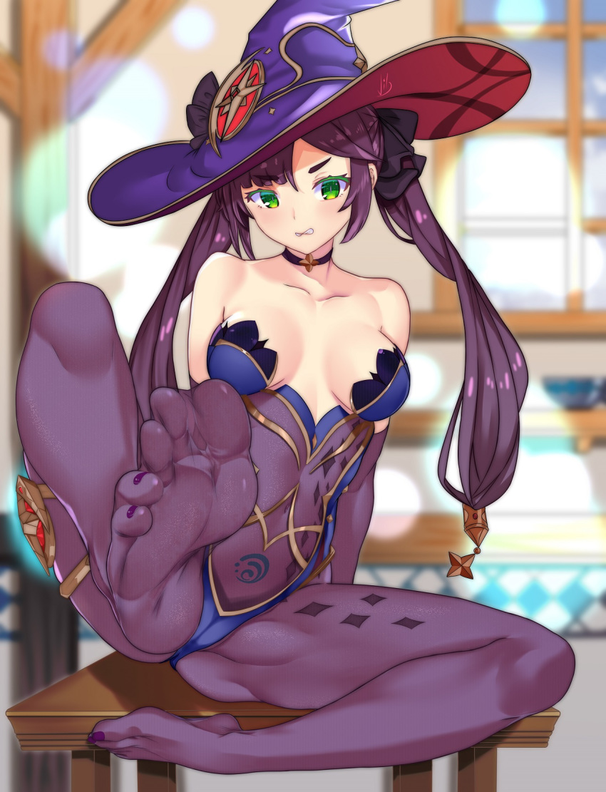 1girl bare_shoulders black_hair blue_leotard bodystocking bodysuit_under_clothes feet genshin_impact green_eyes hat hat_ornament highres leotard long_hair looking_at_viewer mage mona_(genshin_impact) no_shoes purple_headwear purple_leotard soles table thighlet thighs toes twintails vibncent witch_hat wizard_hat