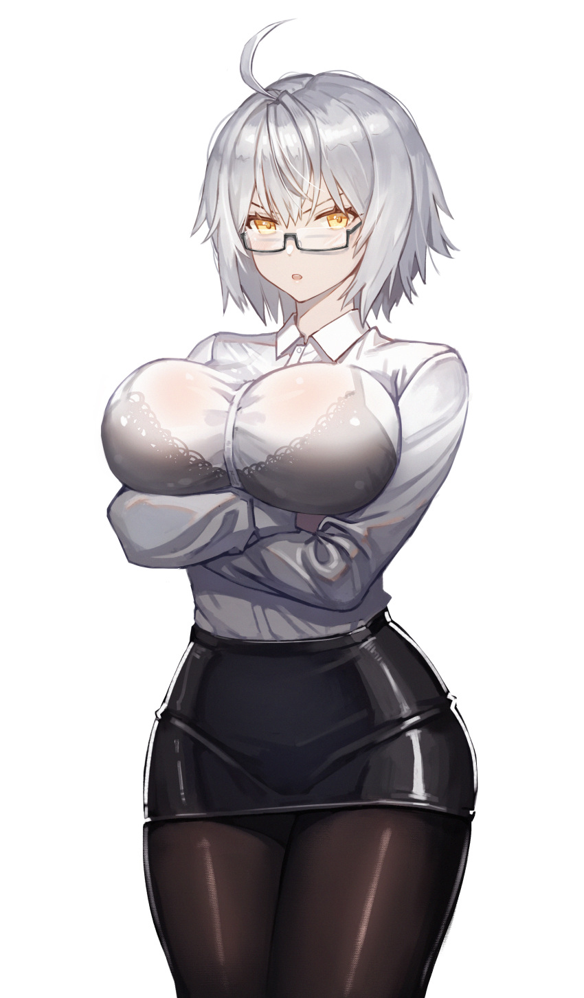 bra breast_hold fate/grand_order jeanne_d'arc jeanne_d'arc_(alter)_(fate) megane pantyhose see_through ye