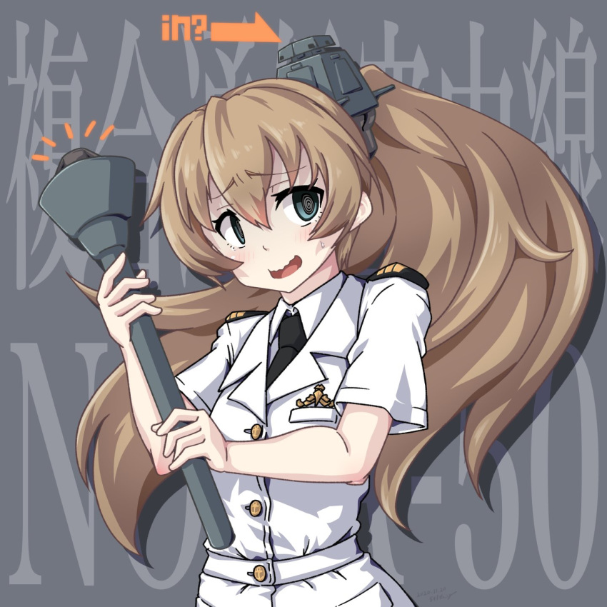 1girl 547th_sy alternate_costume arrow_(symbol) background_text black_neckwear blue_eyes brown_hair commentary_request embarrassed grey_background highres kantai_collection kumano_(jmsdf) kumano_(kantai_collection) long_hair looking_at_viewer military military_uniform naval_uniform necktie ponytail solo torch uniform wavy_mouth