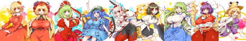 6+girls aki_minoriko aki_shizuha animal_ears animal_print apron arms_behind_back backpack bag bangs belt black_belt black_hair black_neckwear black_skirt black_wings blonde_hair blouse blue_blouse blue_eyes blue_hair blue_skirt breasts brown_headwear cannon collared_shirt column_lineup crossed_arms detached_sleeves eyebrows_visible_through_hair flat_cap food frilled_hairband frilled_skirt frills frog_hair_ornament frog_print front_ponytail fruit gohei grapes green_eyes green_hair green_headwear hair_bobbles hair_ornament hair_ribbon hairband hat highres holding holding_shield holding_sword holding_weapon inubashiri_momiji japanese_clothes kagiyama_hina kawashiro_nitori key kochiya_sanae large_breasts leaf_hair_ornament leaf_print long_hair long_image long_sleeves looking_at_viewer medium_breasts medium_hair miko mirror moriya's_iron_rings moriya_suwako mountain_of_faith multiple_girls open_mouth orange_apron orange_eyes orange_headwear orange_shirt orange_skirt pocket pointing pointing_up pointy_ears pom_pom_(clothes) purple_hair purple_shirt purple_skirt red_eyes red_headwear red_ribbon red_shirt red_skirt ribbon ribbon-trimmed_sleeves ribbon_trim rope shameimaru_aya shield shimenawa shirt skirt smile snake_hair_ornament straw_hat sword tokin_hat touhou turtleneck twintails two_side_up umigarasu_(kitsune1963) weapon white_background white_hair white_shirt white_sleeves wide_image wide_sleeves wings wolf_ears wrist_cuffs yasaka_kanako yellow_eyes yellow_shirt