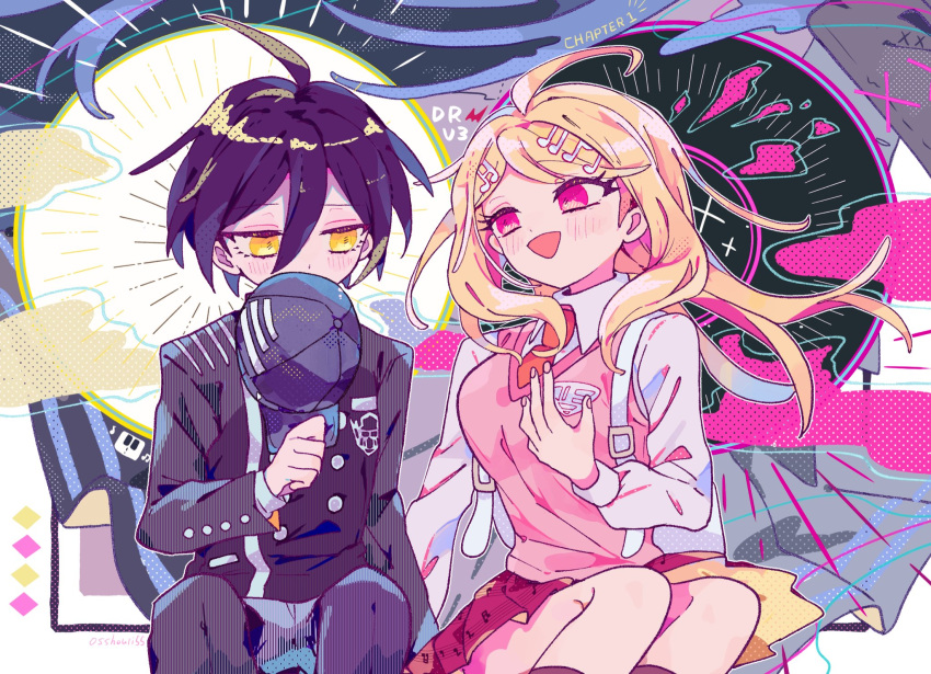 1boy 1girl :&gt; ahoge akamatsu_kaede arm_up backpack bag bangs bare_legs black_clothes black_hair blonde_hair blush cloud commentary covering_mouth danganronpa dot_nose english_text feet_out_of_frame gakuran hair_between_eyes hair_ornament hand_on_own_chest hat highres holding holding_clothes holding_hat long_hair long_sleeves looking_at_another looking_down musical_note_hair_ornament necktie new_danganronpa_v3 open_mouth osshouri55 pink_skirt pink_sweater_vest red_eyes red_neckwear saihara_shuuichi school_uniform shiny shiny_hair shirt sitting skirt sweater_vest white_shirt yellow_eyes