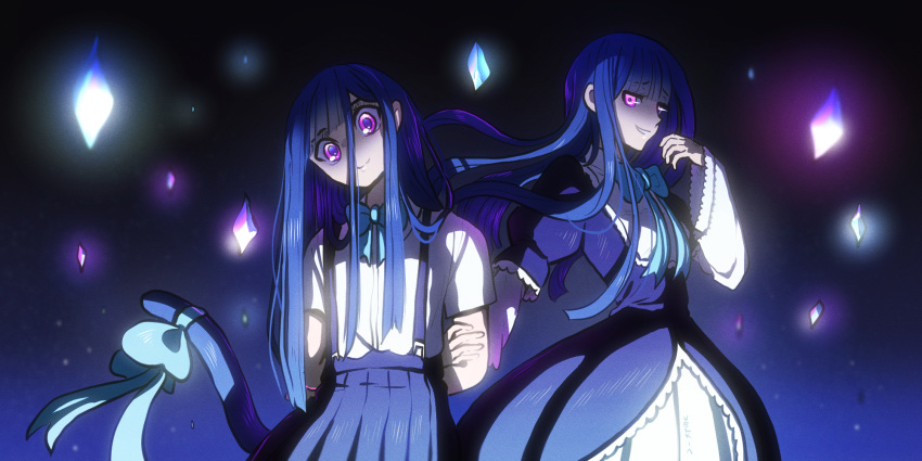 2girls blue_bow bow bowtie cat_tail collared_shirt crossover evil_smile eyebrows_visible_through_hair film_grain frederica_bernkastel furude_rika glowing glowing_eyes highres higurashi_no_naku_koro_ni long_hair looking_at_viewer multiple_girls multiple_persona puffy_sleeves purple_eyes purple_hair ribbon school_uniform shirt short_sleeves skirt smile suspenders tail tail_ribbon umineko_no_naku_koro_ni velkia white_shirt