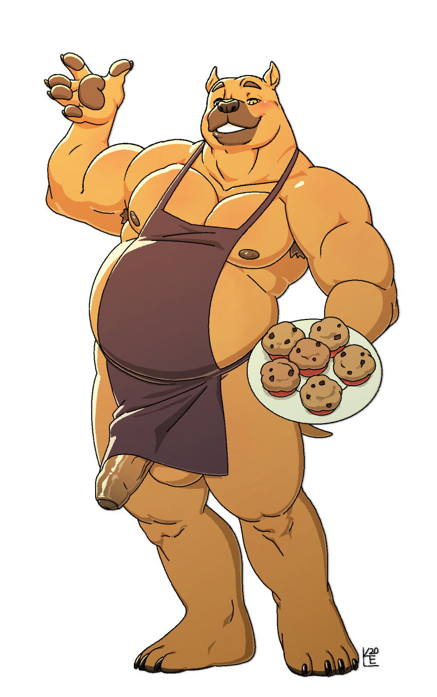anthro apron apron_only armpit_hair balls belly biceps body_hair brown_body brown_fur canid canine canis clothed clothing digital_media_(artwork) domestic_dog erection eyebrows food foreskin fur genitals hi_res humanoid_genitalia humanoid_penis kennethbear4u male mammal mostly_nude muffin musclegut muscular muscular_anthro muscular_male nipples overweight overweight_anthro overweight_male pawpads penis pit_bull pj_(pittiepj) simple_background slightly_chubby smile solo stocky thick_thighs