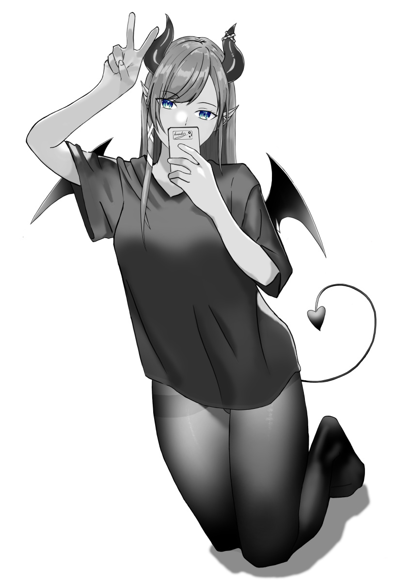 1girl absurdres alternate_costume arm_up black_legwear black_shirt blue_eyes breasts casual cellphone covering_mouth demon_horns demon_tail demon_wings eyelashes full_body hand_up highres holding holding_phone hololive horns kazukikaidon kneeling large_breasts long_hair looking_at_viewer monochrome no_pants pantyhose phone pointy_ears selfies shadow shirt simple_background smartphone solo spot_color t-shirt tail thighs tied_hair tsurime v v-neck very_long_hair virtual_youtuber white_background wings yuzuki_choco