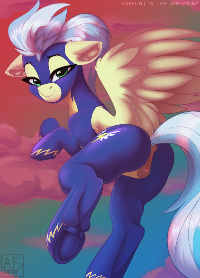 2020 absurd_res airfly-pony animal_genitalia animal_pussy anus bedroom_eyes blue_mane blue_tail butt clitoral_winking clitoris clothing cloud crotchless_clothing digital_media_(artwork) ears_back english_text equid equine equine_pussy feathered_wings feathers female feral friendship_is_magic fur genitals green_eyes hasbro hi_res inner_ear_fluff looking_at_viewer looking_back mammal mane midair misty_fly_(mlp) my_little_pony narrowed_eyes on_cloud pegasus pivoted_ears pussy seductive signature skinsuit sky smile solo sunset tan_body tan_feathers tan_fur tan_wings text tight_clothing tuft underhoof wings wonderbolts_(mlp) wonderbolts_uniform