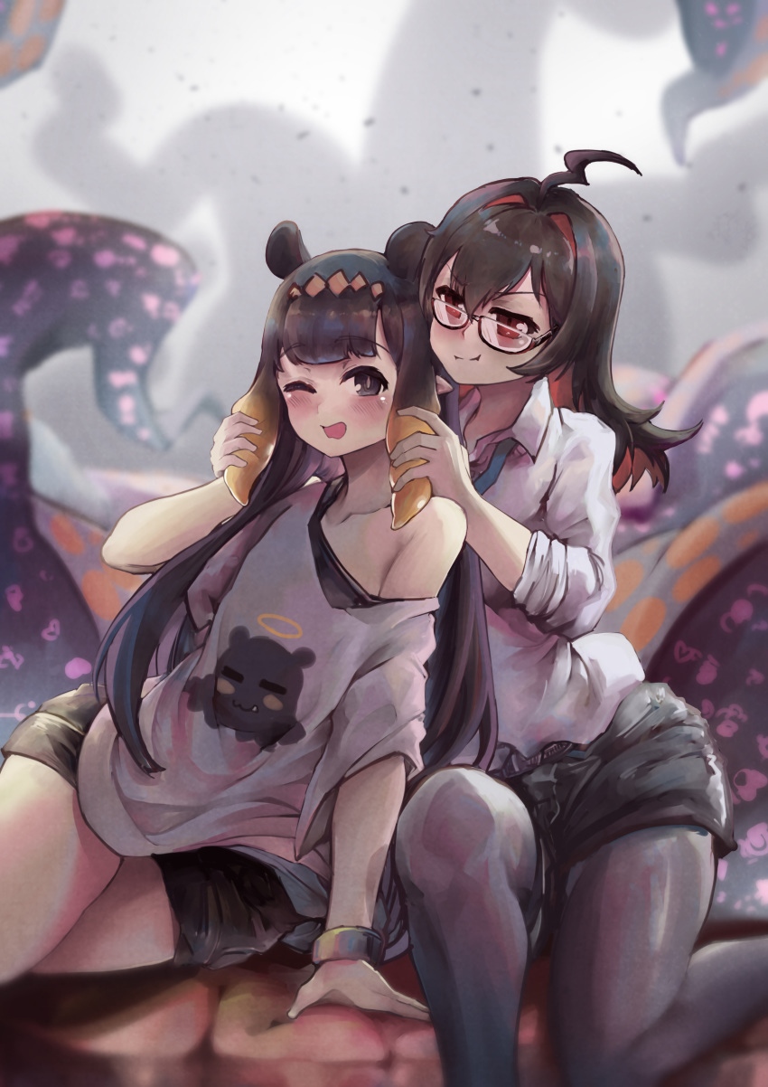 2girls :i absurdres ahoge animal_ears arm_support bangs black_hair black_legwear black_shorts blunt_bangs blurry blush casual collarbone cowboy_shot depth_of_field diamond_hairband dust enma-chan glasses grey_background hair_grab highres hippopotamus_ears hololive hololive_english knee_up long_hair looking_at_another loose_necktie multicolored_hair multiple_girls necktie ninomae_ina'nis off-shoulder_shirt off_shoulder office_lady one_eye_closed pantyhose playing_with_another's_hair purple_eyes red_eyes shirt shorts sidelocks sitting sleeves_pushed_up tako_(ninomae_ina'nis) tentacle_grab tentacle_hair tentacles thighs two-tone_hair very_long_hair virtual_youtuber vyragami white_shirt wince wristband