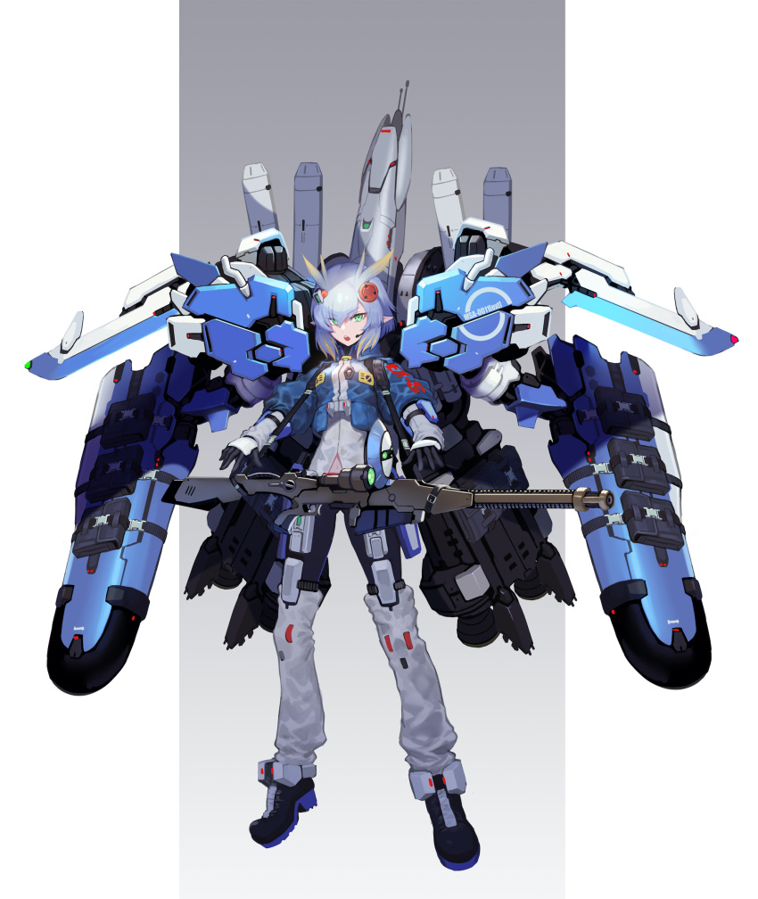 1girl black_gloves blue_hair ex-s_gundam eyebrows_visible_through_hair gloves green_eyes gun gundam gundam_sentinel hair_ornament headset highres looking_at_viewer nakamura_eight open_hands open_mouth personification pointy_ears rifle short_hair sniper_rifle sniper_scope solo strap v-shaped_eyebrows vernier_thrusters weapon