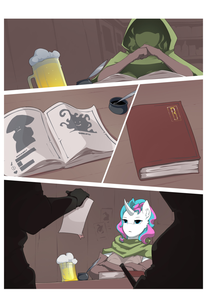 absurd_res alcohol anthro armor armwear beverage book clothing comic elbow_gloves equid equine female gloves group handwear hi_res hooded_cloak horn ink loose_feather mammal okata quill tankard unicorn writing_(disambiguation)