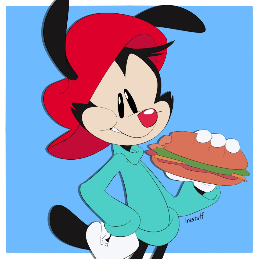 1:1 2020 4_fingers animaniacs animaniacs_(2020) anthro artist_name backwards_baseball_cap baseball_cap black_body black_fur blue_background blue_clothing blue_shirt blue_topwear border bottomless clothed clothing digital_drawing_(artwork) digital_media_(artwork) eating fingers food fur gloves hand_on_hip handwear hat headgear headwear hi_res holding_food holding_object inkblot irestuff looking_at_viewer male mammal red_clothing red_hat red_headwear red_nose sandwich_(food) shirt simple_background solo standing submarine_sandwich topwear wakko_warner warner_brothers white_border white_clothing white_gloves