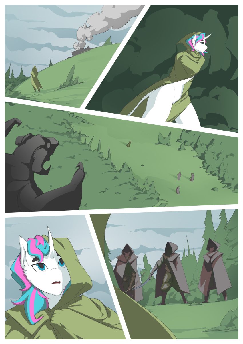 absurd_res ambiguous_gender anthro cloak cloak_only clothed clothing comic equid equine female gargoyle hi_res horn male mammal melee_weapon okata partially_clothed plant ruins scared shrub smoke strategically_covered surprise sword tree unicorn weapon