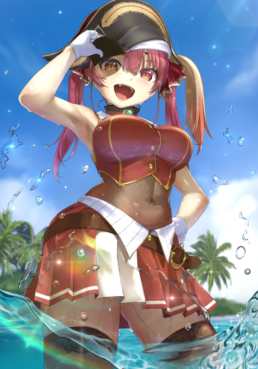 1girl :d armpits ascot belt bicorne black_headwear black_legwear blue_sky blush bodystocking breasts brooch cloud cloudy_sky commentary covered_navel cowboy_shot day droplet eyepatch eyepatch_lift fangs gloves hair_between_eyes hand_on_hip hat heterochromia highres hololive houshou_marine jewelry lens_flare looking_at_viewer medium_breasts medium_hair miniskirt open_mouth outdoors pirate_hat pleated_skirt red_eyes red_hair red_neckwear red_skirt red_vest skirt sky sleeveless smile solo sunlight thighhighs thighs tree twintails vest virtual_youtuber wading wankosukii water wet white_gloves yellow_eyes