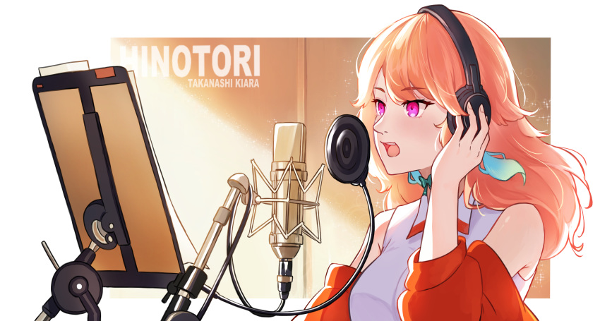 1girl character_name day dust_particles fingernails hand_on_headphones headphones highres hololive hololive_english indoors long_hair microphone music music_stand nuebunny off-shoulder_jacket orange_hair paper pink_eyes pop_filter shirt singing sleeveless sleeveless_shirt solo song_name takanashi_kiara tsurime upper_body white_shirt