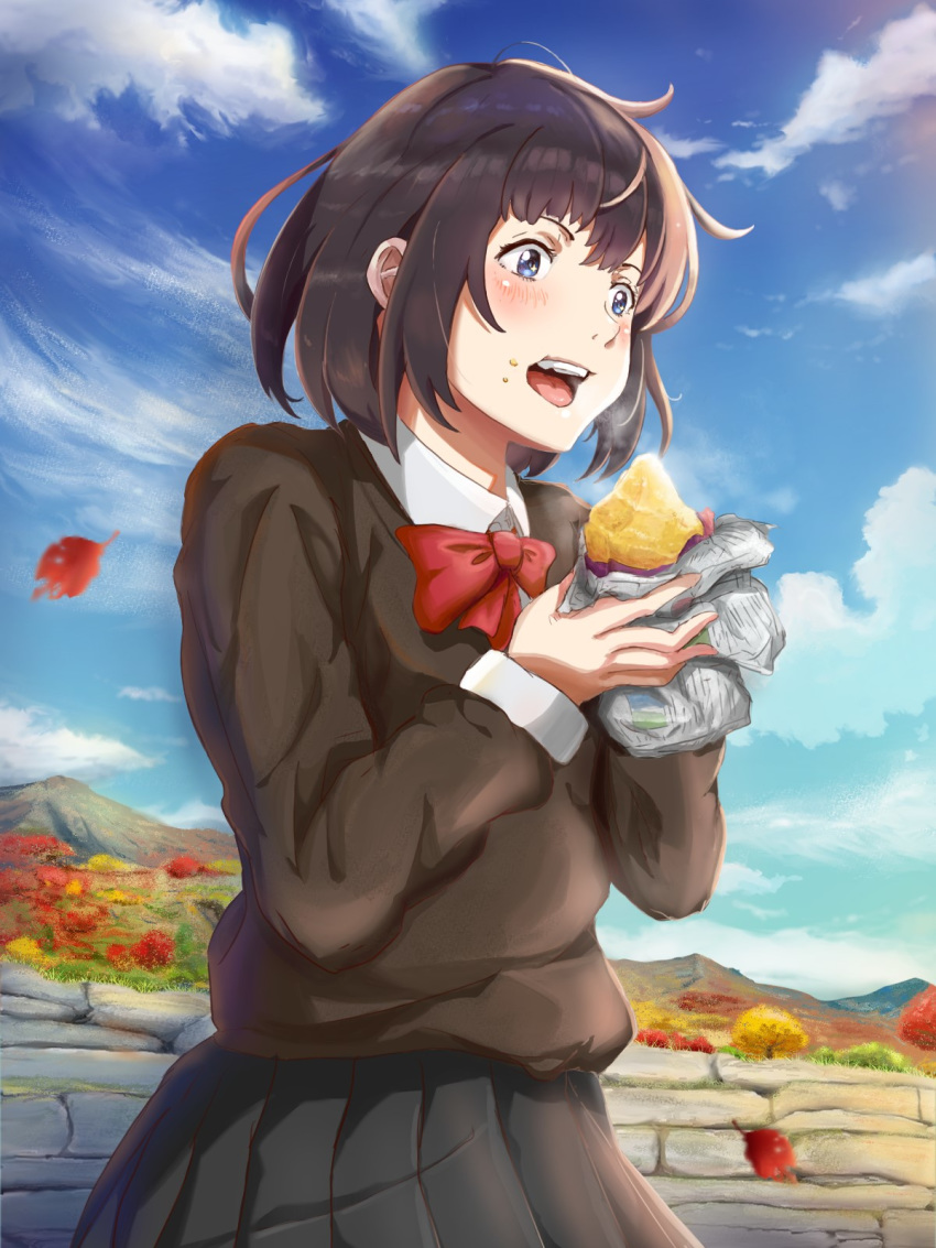 1girl autumn autumn_leaves black_hair black_shirt black_skirt bow cloud creatrail day eating food highres holding holding_food leaf long_sleeves maple_leaf mountainous_horizon open_mouth original outdoors red_bow shirt short_hair skirt solo standing sweater sweet_potato yakiimo
