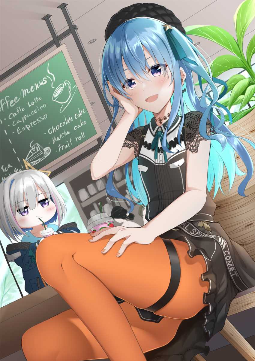 2girls amane_kanata bench beret black_choker black_shirt black_skirt blue_hair booth cafe cake ceiling chalkboard_sign chibi choker coat coffee_cup cowboy_shot cup day disposable_cup drinking_straw dutch_angle fingernails flat_chest food hand_on_own_cheek hand_on_own_thigh hat highres hinata_kokage holding holding_cup hololive hoshimachi_suisei indoors knee_up lace lace-trimmed_sleeves lace_choker lace_trim leaf long_hair looking_at_viewer menu_board multiple_girls off-shoulder_coat orange_legwear pantyhose pink_nails planter purple_eyes shelf shirt side_ponytail silver_hair sipping sitting skirt smile table thighs tree_branch virtual_youtuber wavy_hair windows winter_clothes winter_coat wooden_chair