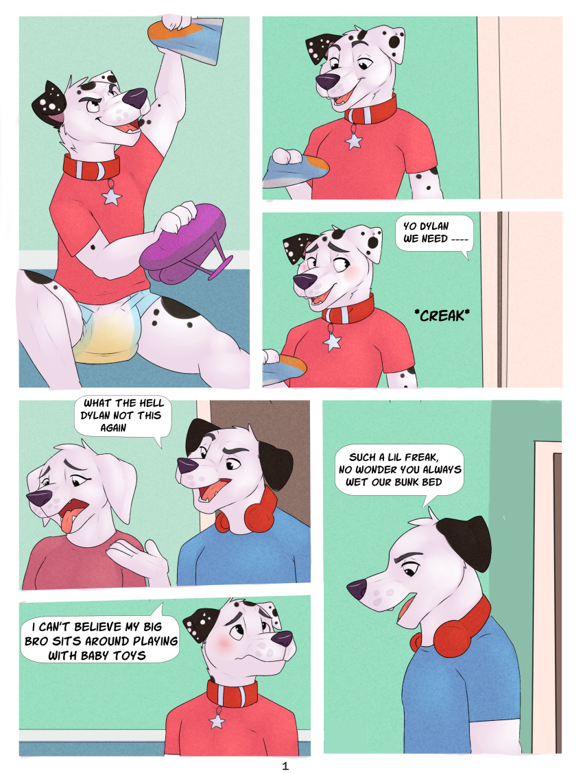 101_dalmatian_street 101_dalmatians absurd_res anthro bodily_fluids brother canid canine canis dalmatian diaper disney domestic_dog english_text genital_fluids hi_res infantilism male mammal playing pukaa sibling text urine wet wet_diaper wetting wetting_diaper young