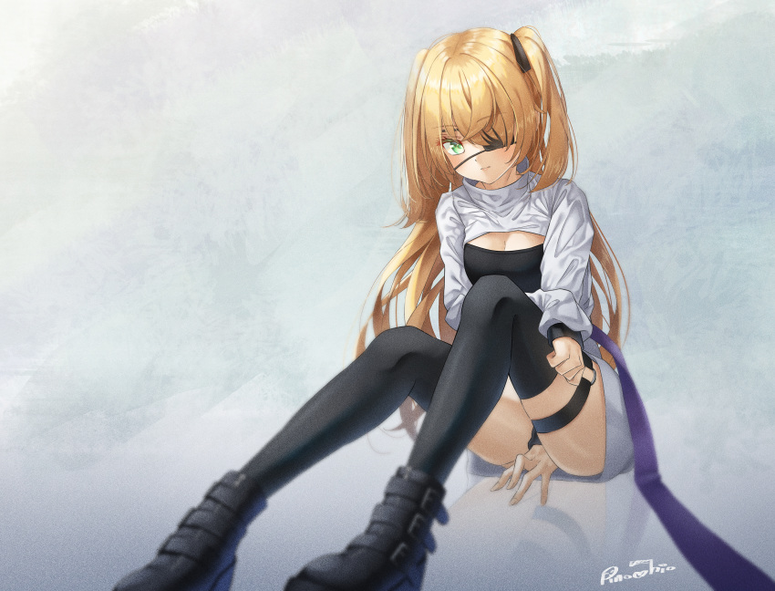 1girl ass bangs between_legs black_eyepatch black_footwear black_legwear blonde_hair blush breasts cleavage closed_mouth clothing_request commentary_request eyebrows_visible_through_hair eyepatch fischl_(genshin_impact) genshin_impact gloves green_eyes grey_background hand_between_legs highres long_hair long_sleeves looking_at_viewer medium_breasts o-ring pinocchio_(dlekrkdwlt) shoes sitting small_breasts solo thigh_strap thighhighs two_side_up