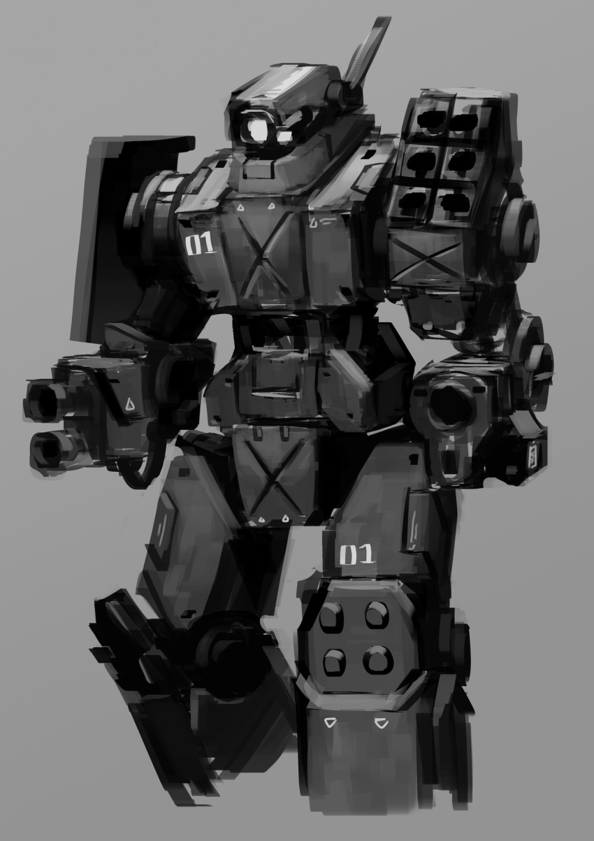 arm_cannon cropped_legs english_commentary g-wolfe grey_background greyscale highres mecha missile_pod monochrome no_humans original science_fiction solo walking weapon white_eyes