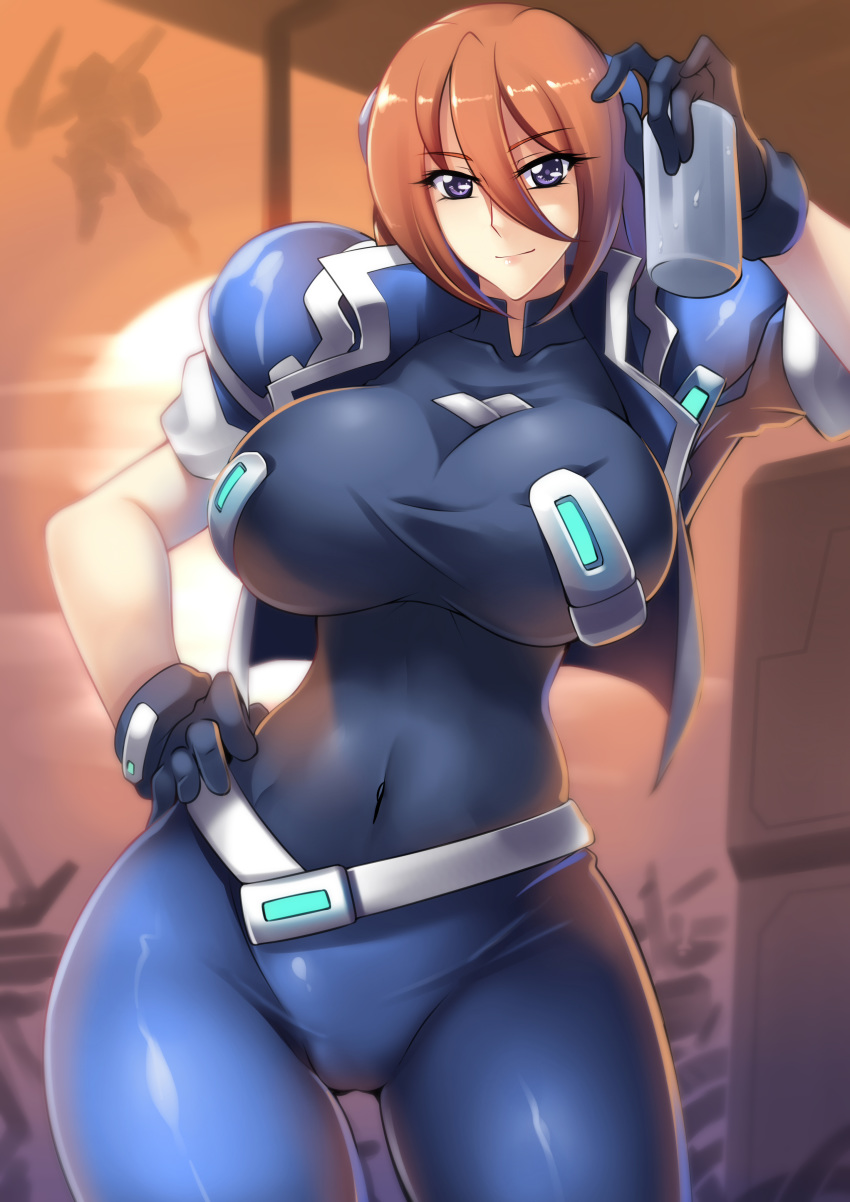 1girl absurdres bangs black_gloves brown_hair covered_navel cropped_jacket cup gloria_chanvally gloves gundam gundam_the_battle_master haganef hair_between_eyes hand_on_hip highres holding holding_cup looking_at_viewer purple_eyes short_hair skin_tight smile solo sunrise