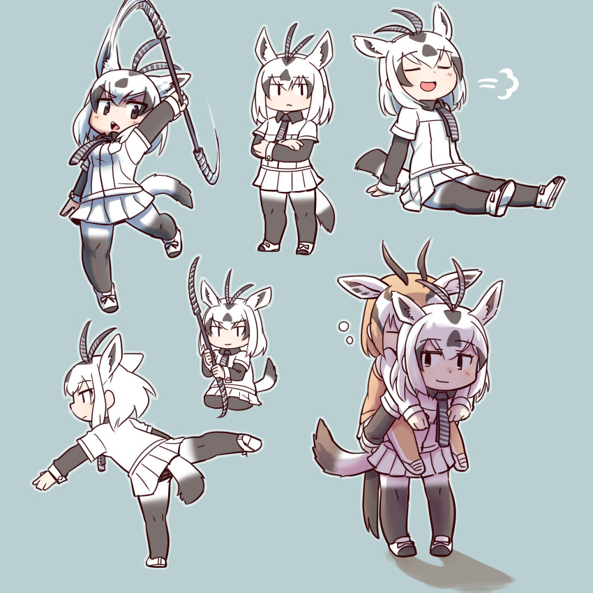 0x0082 2girls =3 animal_ears arabian_oryx_(kemono_friends) arm_up bangs black_hair brown_hair carrying character_sheet chibi closed_eyes crossed_arms extra_ears eyebrows_visible_through_hair full_body gazelle_ears gazelle_horns gazelle_tail highres holding holding_weapon horns kemono_friends long_sleeves medium_hair multicolored_hair multiple_girls multiple_views outstretched_arm outstretched_leg pantyhose piggyback polearm short_over_long_sleeves short_sleeves sidelocks sitting sleeping smile solo_focus standing standing_on_one_leg thomson's_gazelle_(kemono_friends) two-tone_hair weapon white_hair |d