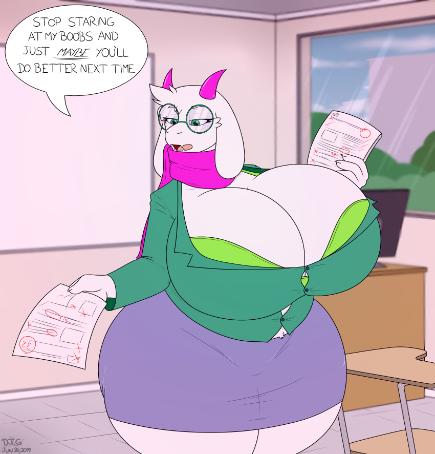 absurd_res anthro big_breasts bovid bra breasts caprine clothing curvy_figure day-tripper-guy deltarune english_text eyewear female fur glasses goat green_eyes hi_res huge_breasts mammal open_mouth ralsei scarf solo text tongue underwear video_games voluptuous white_body white_fur wide_hips