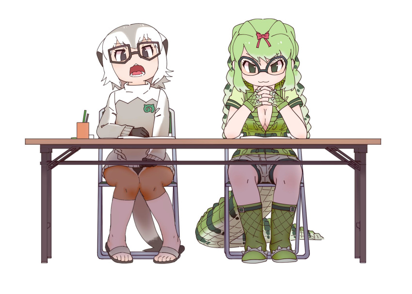 0x0082 2girls :3 animal_ears arm_rest bare_arms black_eyes boots bow braid breasts chair cleavage closed_mouth crocodilian_tail fingerless_gloves full_body glasses gloves green_eyes green_hair grey_hair hair_bow hands_together hands_up highres jacket japari_symbol kemono_friends knees_together_feet_apart long_hair long_sleeves medium_hair meerkat_(kemono_friends) meerkat_ears multicolored_hair multiple_girls open_mouth over-rim_eyewear own_hands_together partially_unzipped sandals semi-rimless_eyewear short_sleeves shorts side-by-side sidelocks simple_background sitting smile spectacled_caiman_(kemono_friends) spikes sweater table tail toes twin_braids two-tone_hair white_background white_hair zipper