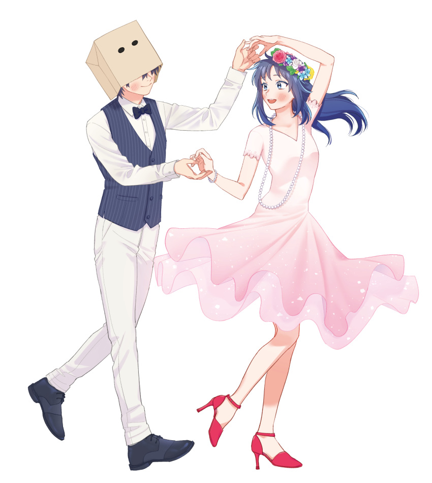 1boy 1girl amaebi_riko asagi_umi bag bag_over_head blue_eyes blue_hair bow bowtie couple dancing dress flower hair_flower hair_ornament hetero high_heels highres jewelry kamibukuro-kun kamibukuro-kun_wa_koishiteru long_hair long_sleeves necklace paper_bag white_background