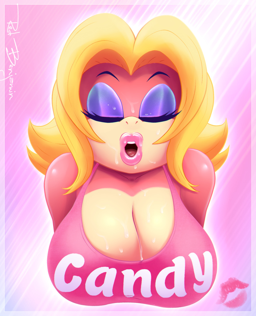 anthro big_breasts bodily_fluids breasts bust_portrait candy_kong cleavage clothed clothing cum cum_on_breasts cum_on_face donkey_kong_(series) english_text eyes_closed female genital_fluids hi_res kiss_mark kong mammal nintendo open_mouth portrait primate sirredbenjamin solo text video_games