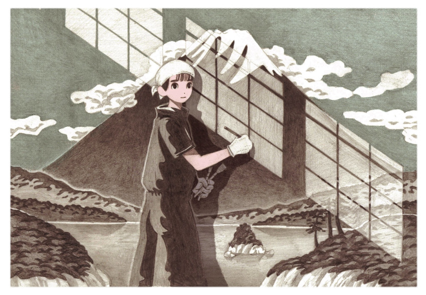 ambiguous_gender bangs black_eyes black_shirt cloud commentary_request feet_out_of_frame gloves highres mount_fuji original paintbrush painting satsuki_kometani shadow shirt short_sleeves solo standing white_gloves