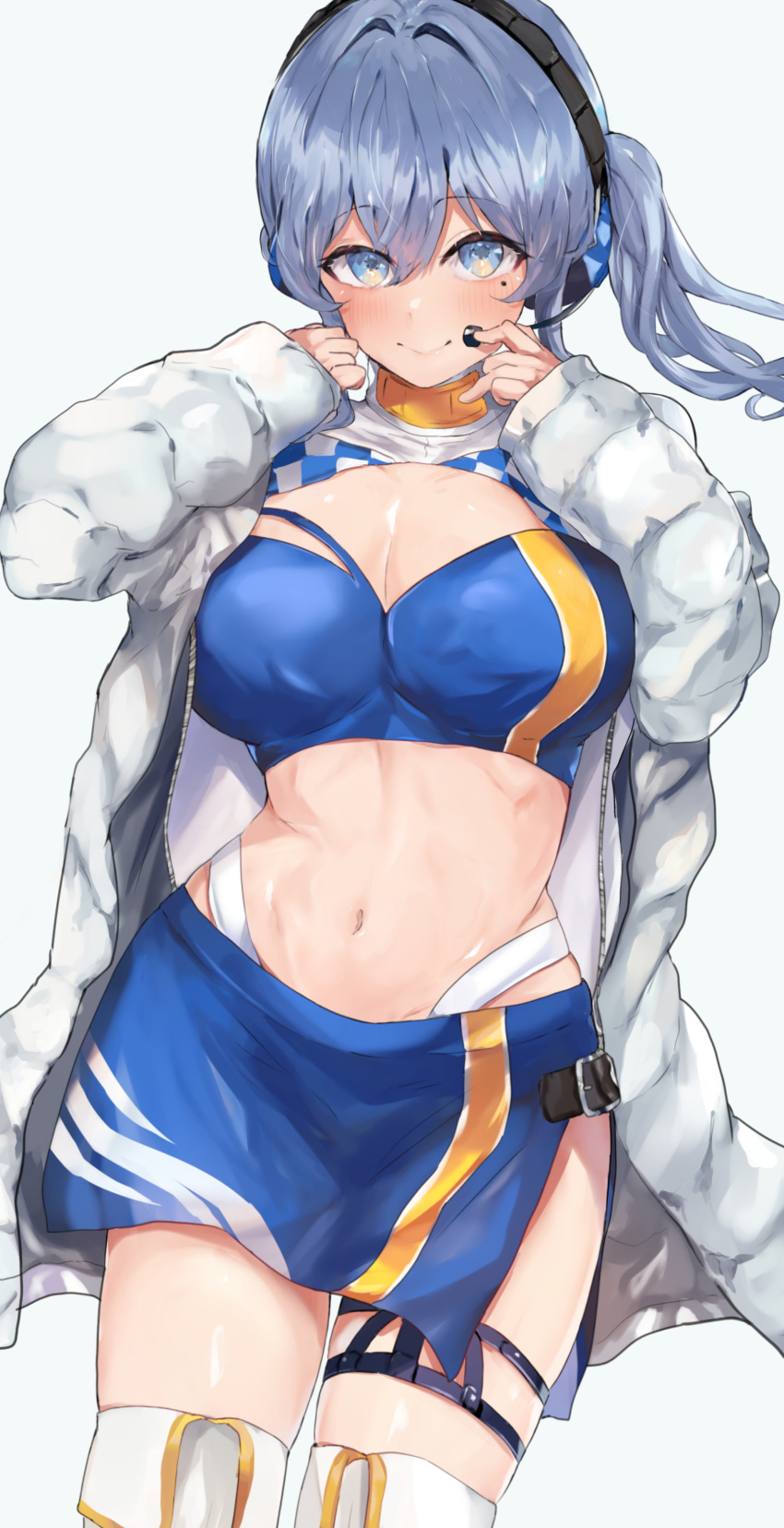 1girl absurdres bandeau blue_eyes blue_hair blue_skirt boots breasts coat cowboy_shot cropped_jacket gotland_(kantai_collection) headphones highres kantai_collection light_blue_background long_hair long_sleeves medium_breasts midriff miniskirt miyako_(00727aomiyako) mole mole_under_eye navel official_alternate_costume open_clothes open_coat pencil_skirt race_queen sidelocks simple_background skirt solo thigh_boots thigh_strap thighhighs white_coat white_footwear