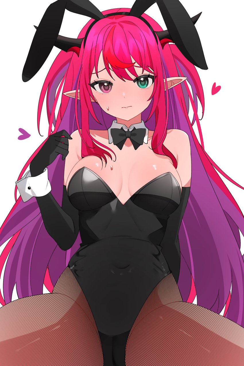 1girl absurdres alternate_hairstyle arm_behind_back bare_shoulders black_bow black_bowtie black_garter_straps black_leotard black_pantyhose blue_eyes bow bowtie breasts cleavage closed_mouth commentary covered_navel detached_collar double-parted_bangs elbow_gloves fishnet_pantyhose fishnets garter_straps gloves hair_between_eyes hana20000920 hand_up heterochromia highres hololive hololive_english horns irys_(hololive) leotard long_hair looking_at_viewer medium_breasts pantyhose playboy_bunny pointy_ears purple_eyes red_hair sidelocks simple_background sitting solo spread_legs strapless strapless_leotard symbol-only_commentary two_side_up very_long_hair virtual_youtuber white_background wrist_cuffs