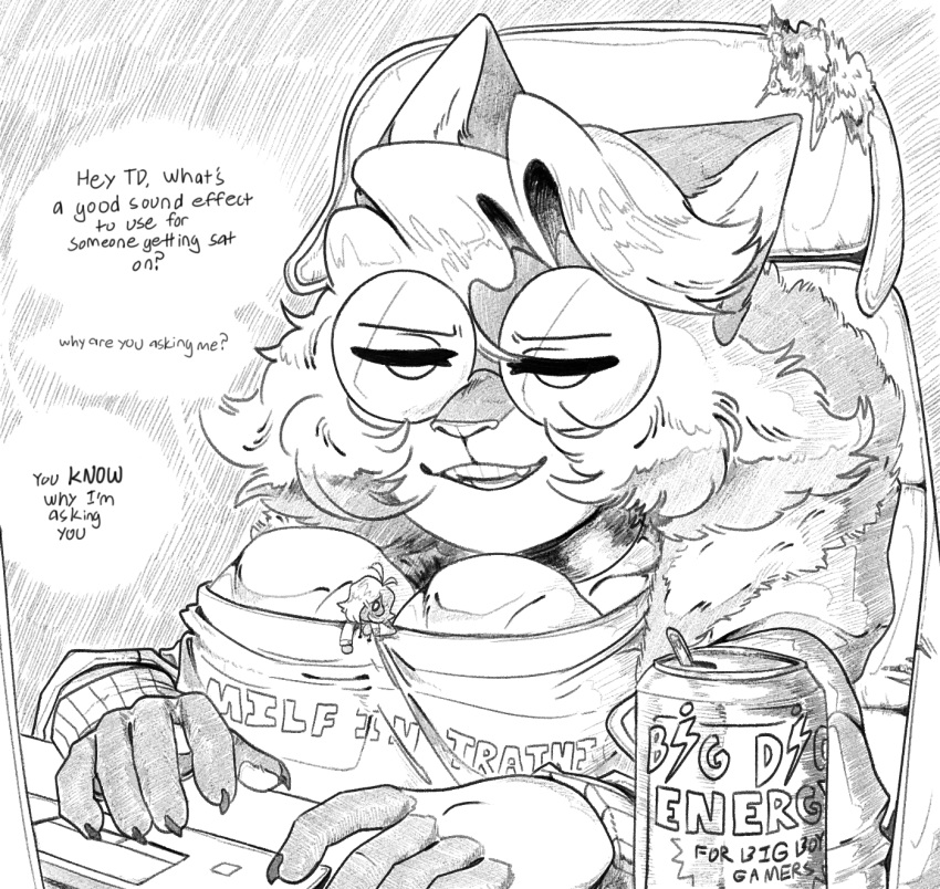 2020 alien alien_humanoid anthro beverage computer dialogue domestic_cat energy_drink english_text ethan64 eyewear fanfic_writer_(ethan64) felid feline felis female glasses greyscale hi_res humanoid macro male mammal micro monochrome size_difference td_(character) text