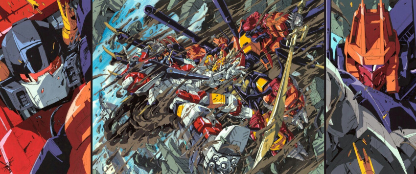 1980s_(style) 2boys arm_cannon autobot battle broken cannon clenched_hands commentary damaged decepticon duel fighting glowing gun highres holding holding_gun holding_sword holding_weapon horns machinery marble-v mecha mechanical_parts mechanical_wings multiple_boys no_humans predaking purple_eyes red_eyes retro_artstyle robot science_fiction smoke superion sword transformers translation_request visor weapon wings