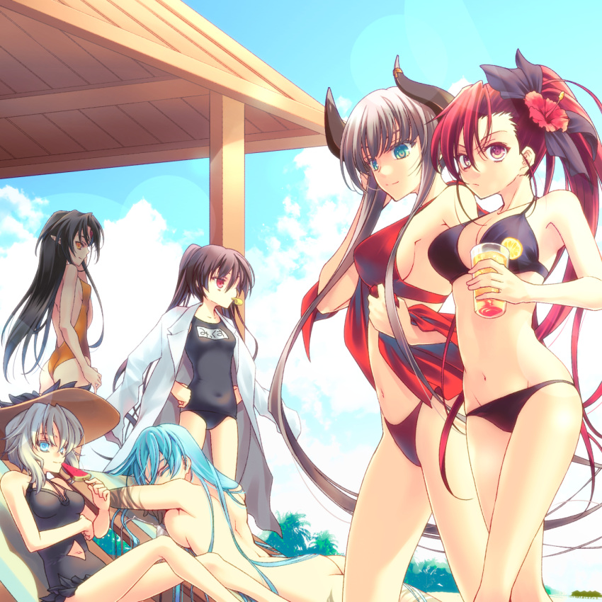 6+girls am_isuel ass backless_swimsuit bare_legs bikini black_bikini black_bow black_hair black_swimsuit blue_eyes blue_hair blue_sky bow breasts brown_eyes brown_hair casual_one-piece_swimsuit character_name character_request closed_eyes closed_mouth clothing_cutout collarbone completely_nude cup day flower food hair_bow hair_flower hair_ornament hands_on_hips hanty_kalar hat hibiscus highres holding holding_cup horns jill_(rance_series) la_hawzel labcoat large_breasts long_hair lying midriff multiple_girls name_tag navel navel_cutout nude on_stomach one-piece_swimsuit outdoors pointy_ears ponytail popsicle rance_(series) rance_10 red_bikini red_eyes red_flower red_hair satella school_swimsuit sideboob silver_hair sky smile stomach straw_hat summer sun_hat swimsuit twintails untied untied_bikini very_long_hair watermelon_bar yellow_eyes yellow_swimsuit yisorock