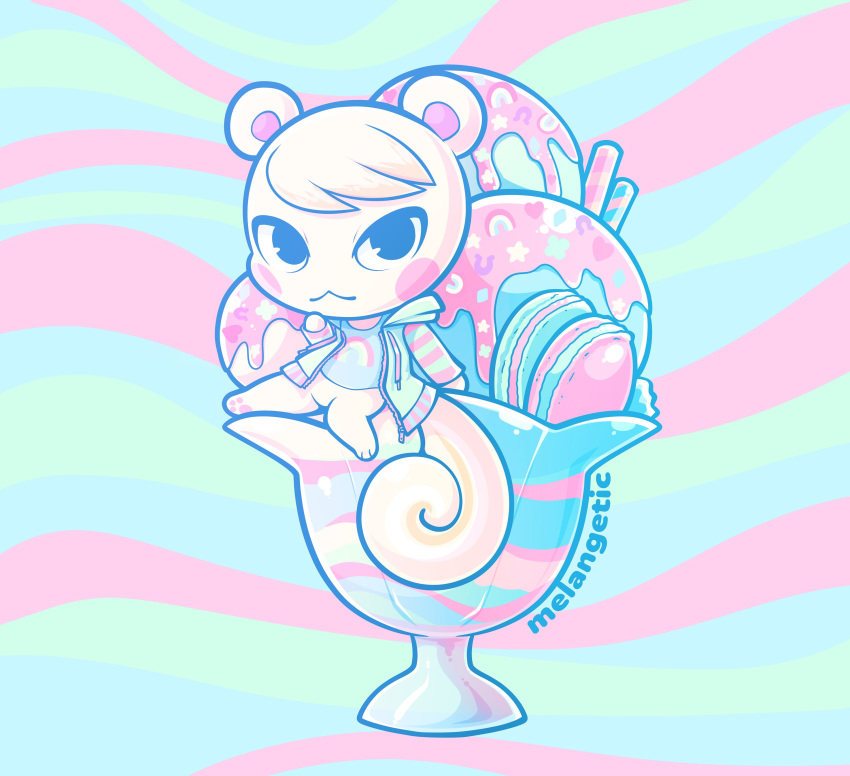 absurd_res animal_crossing anthro arm_support black_eyes chibi clothed clothing dessert food fur hi_res highlights_(coloring) ice_cream jacket looking_at_viewer male mammal marshal_(animal_crossing) melangetic nintendo open_clothing open_jacket open_topwear pawpads rainbow rodent rosy_cheeks sciurid shirt simple_background sitting solo sweater topwear video_games white_body white_fur