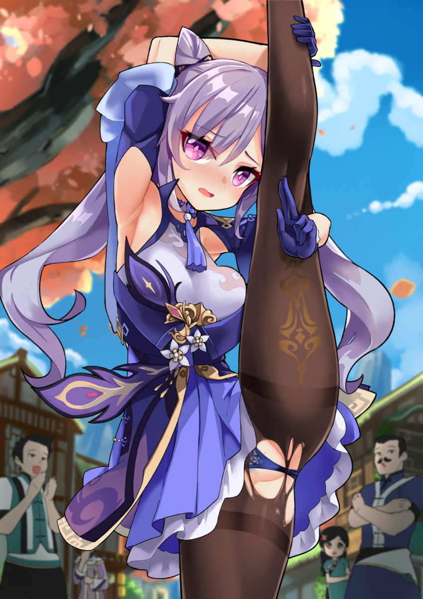 1girl 2boys armpit_crease armpit_peek armpits bangs black_legwear blush breasts furrowed_eyebrows genshin_impact highres hm_(hmongt) keqing long_hair looking_at_viewer medium_breasts multiple_boys open_mouth pantyhose pink_eyes pubic_hair purple_hair split standing standing_on_one_leg standing_split torn_clothes torn_legwear twintails underwear wavy_hair