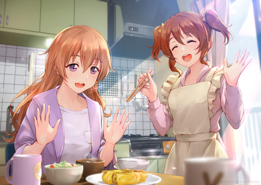 2girls apron breakfast brown_hair closed_eyes food hair_ornament hairclip konoe_haruka konoe_kanata long_hair long_sleeves love_live! love_live!_nijigasaki_high_school_idol_club multiple_girls open_mouth pajamas purple_eyes shamakho siblings sisters smile twintails