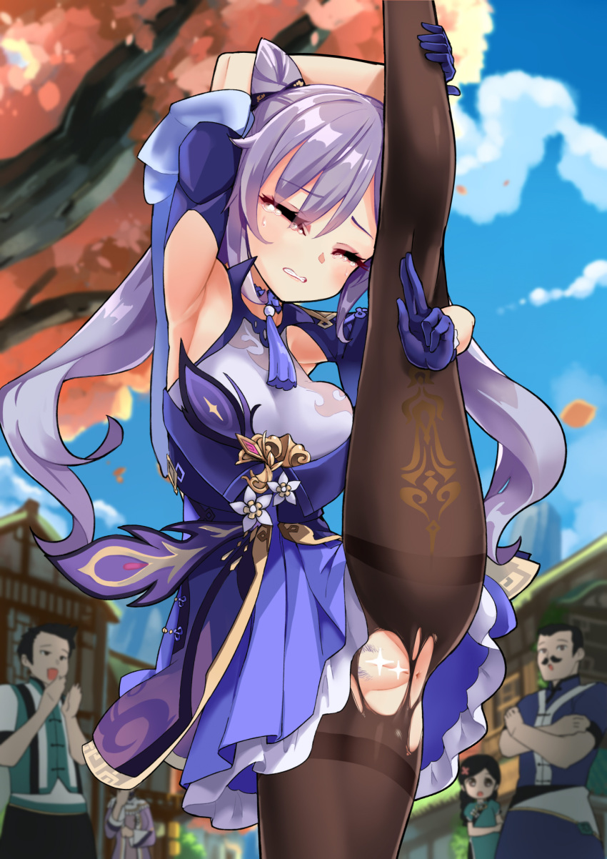 1girl 2boys anus armpit_crease armpit_peek armpits bangs black_legwear blush breasts closed_eyes furrowed_eyebrows genshin_impact highres hm_(hmongt) keqing long_hair medium_breasts multiple_boys pantyhose pubic_hair purple_hair pussy split standing standing_on_one_leg standing_split tearing_up torn_clothes torn_legwear twintails wavy_hair