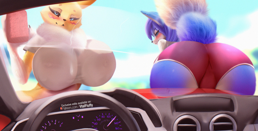 2020 absurd_res anthro big_breasts big_butt blue_body blue_fur blue_hair blush breast_squish breasts butt canid canine car car_wash cleaning digimon digimon_(species) english_text female fluffy fluffy_tail fox fur hair hi_res krystal looking_at_viewer looking_back mammal nintendo pov_blowjob renamon smile sponge squish star_fox text v-tal vehicle video_games windshield yellow_body yellow_fur