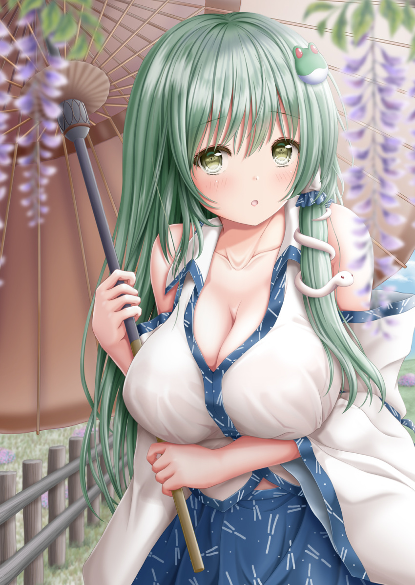 1girl :o akino_irori arm_under_breasts arms_up bare_shoulders blue_skirt blurry_foreground breasts cleavage collarbone commentary_request day detached_sleeves eyebrows_visible_through_hair fence flower frog_hair_ornament green_eyes green_hair hair_ornament hair_tubes highres holding holding_umbrella kochiya_sanae large_breasts light_blush long_hair looking_at_viewer oriental_umbrella outdoors partial_commentary patterned_clothing skirt snake_hair_ornament solo standing touhou umbrella upper_body very_long_hair wisteria wooden_fence