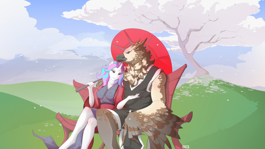 absurd_res anthro asian_clothing avian bench cherry_blossom cherry_tree clothing cloud duo east_asian_clothing equid equine female fluffy fruit_tree gryphon hi_res hill horn japanese_clothing kimono leaning_on male male/female mammal mythological_avian mythology okata parasol plant romantic_couple sitting sitting_together tree unguligrade_anthro unicorn winged_arms wings