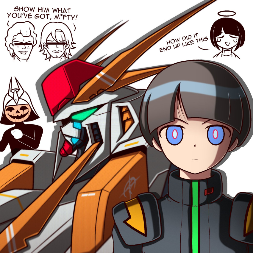 1girl 4boys black_bodysuit blue_eyes bodysuit brown_hair character_request commentary cosplay crying english_commentary english_text gawman_nobile gundam gundam_gquuuuuux gundam_hathaway's_flash halo hathaway_noa hathaway_noa_(cosplay) helmet highres mafti_nabiyu_erin mafti_nabiyu_erin_(cosplay) male_focus mecha mecha_pilot_suit meme mother_and_son multiple_boys normal_suit_(gundam) pumpkin_dance_(meme) pumpkin_mask robot science_fiction serious shiiko_sugai short_hair simple_background sketch triangle_mouth v-shaped_eyebrows white_background xi_gundam zeon132