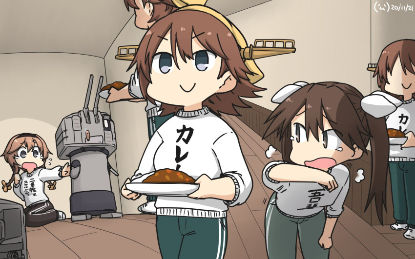 3girls alternate_costume black_pants braid brown_hair chou-10cm-hou-chan_(teruzuki's) clothes_writing commentary_request cowboy_shot curry dated flipped_hair food green_pants grey_eyes hair_between_eyes hair_ornament hair_ribbon hairband hallway hamu_koutarou headgear hiei_(kantai_collection) highres kantai_collection light_brown_hair long_hair multiple_girls pants propeller_hair_ornament ribbon short_hair sweater teruzuki_(kantai_collection) tone_(kantai_collection) track_pants translation_request twin_braids twintails white_sweater