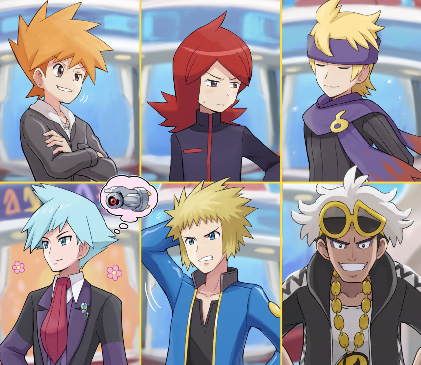 6+boys bangs beldum black_jacket black_sweater blonde_hair blue_eyes blue_hair blue_jacket blue_oak blurry blurry_background clenched_teeth closed_eyes closed_mouth collarbone collared_shirt commentary_request crossed_arms eyebrows_visible_through_hair eyewear_on_head gen_3_pokemon grey_eyes guzma_(pokemon) highres jacket jewelry long_sleeves looking_to_the_side male_focus morty_(pokemon) multicolored_hair multiple_boys necklace orange_hair pokemoa pokemon pokemon_(game) pokemon_dppt pokemon_hgss pokemon_masters_ex pokemon_oras pokemon_sm purple_headband purple_scarf red_hair red_neckwear scarf shirt silver_(pokemon) smile spiked_hair steven_stone sunglasses sweater teeth thought_bubble turtleneck two-tone_hair volkner_(pokemon) white_hair white_shirt yellow-framed_eyewear