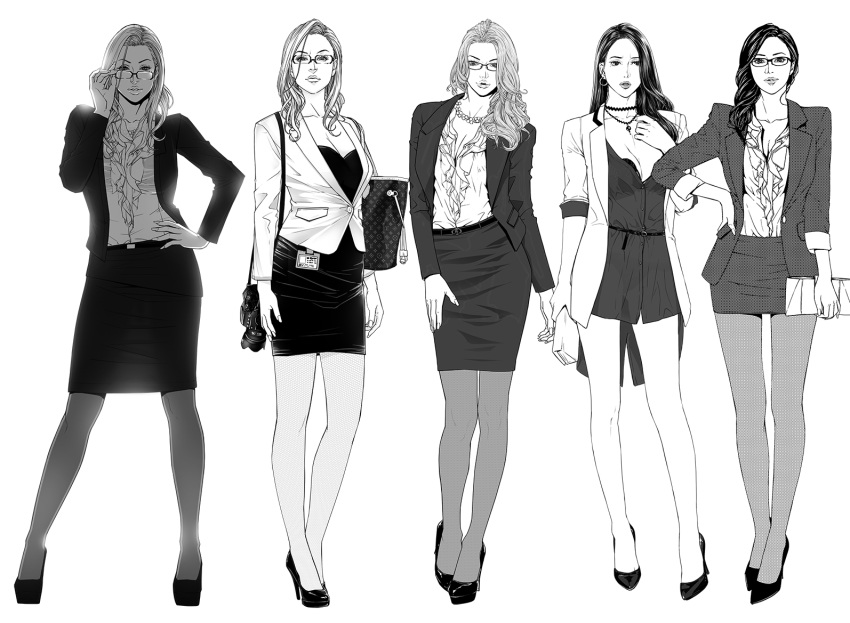 5girls adjusting_eyewear bag belt black_hair blazer blonde_hair blouse bra breasts camera cleavage collarbone contrapposto earrings formal frilled_blouse frills glasses greyscale hand_on_hip hand_on_own_chest handbag high_heels id_card jacket jewelry large_breasts long_hair looking_at_viewer mature miniskirt monochrome multiple_girls necklace office_lady open_blazer open_clothes open_jacket original pantyhose parted_lips pencil_skirt skirt skirt_suit suit sww13 underwear wavy_hair white_background