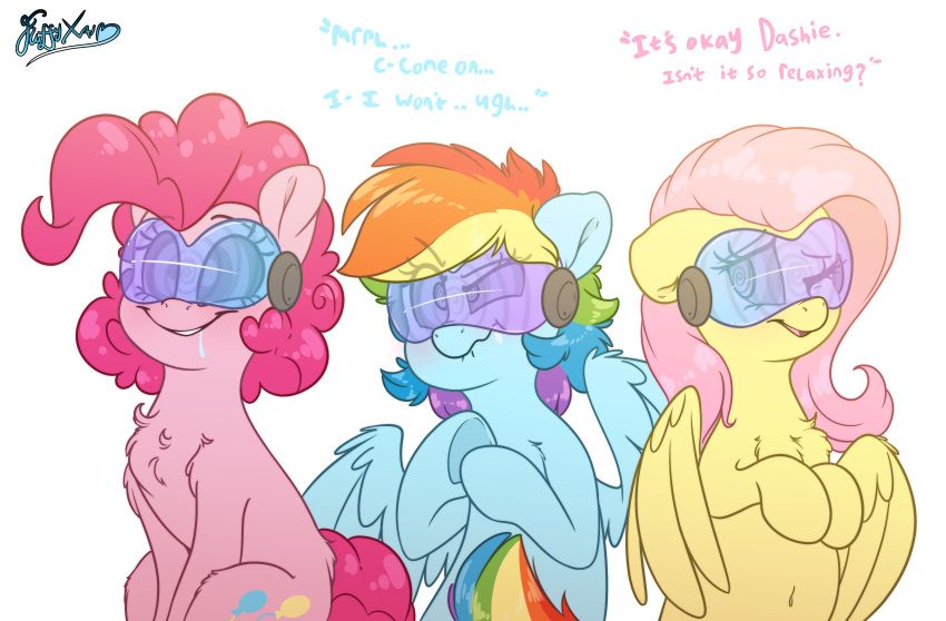 absurd_res bodily_fluids drooling equid equine fluffyxai fluttershy_(mlp) friendship_is_magic hasbro hi_res horse hypno_goggles hypnosis hypnotic_eyes hypnotic_visor mammal mind_control my_little_pony pegasus pinkie_pie_(mlp) pony rainbow_dash_(mlp) resistance_is_futile resisting saliva struggling wings