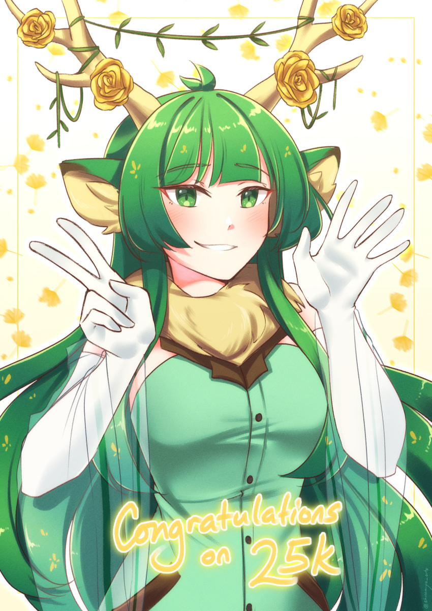 1girl absurdres animal_ears antlers bangs blunt_bangs blush breasts congratulations flower followers fur_scarf gloves green_eyes green_hair haruka_karibu highres indie_virtual_youtuber long_hair medium_breasts moose_ears moose_girl open_hand plant rose scarf shinomiya_arts smile solo v very_long_hair vines virtual_youtuber white_gloves yellow_flower yellow_rose