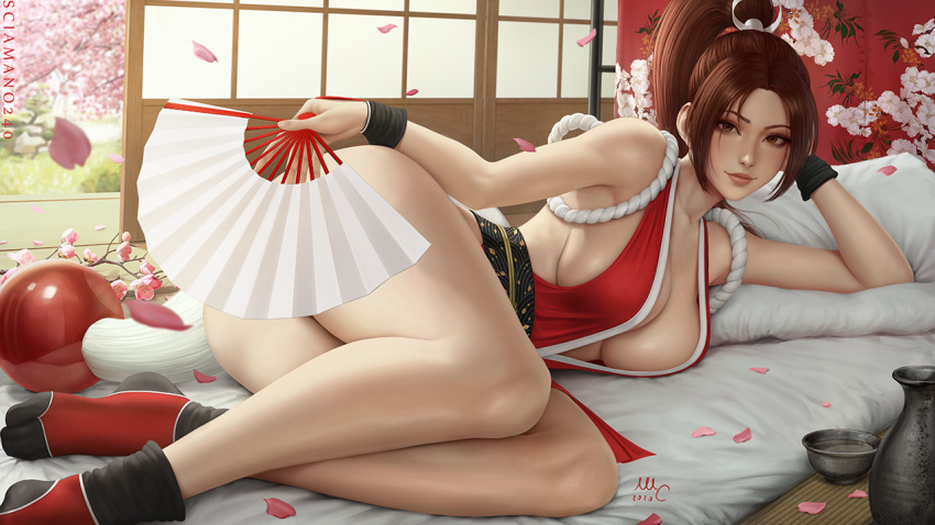 1girl arm_up artist_name bare_legs bare_shoulders black_legwear bowl breasts brown_eyes brown_hair cleavage closed_mouth collarbone covering covering_ass fan fatal_fury folding_fan futon hair_ribbon hand_on_own_head high_ponytail holding holding_fan indoors japanese_clothes jar kimono large_breasts legs lips long_hair looking_at_viewer lying on_bed on_side petals pillow red_kimono revealing_clothes ribbon rope sciamano240 shiranui_mai signature sleeveless sleeveless_kimono sliding_doors smile solo sweatband tabi the_king_of_fighters white_ribbon